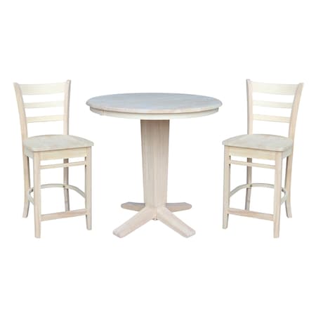 International Concepts 36 in.Round Counter Height Extension Dining Table w/12 in.Leaf and 2 Stools in Unfinished-3 Pc. Set K-36RXT-23B-S6172-2